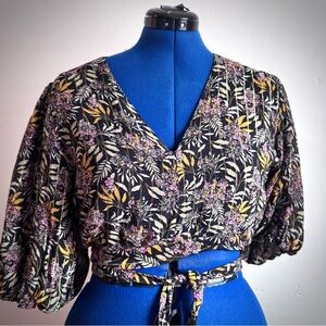 Zara Dark Floral Balloon sleeve V neck Crop top with Waist Ties